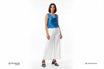 Sandali Melluso pelle blu notte tacco blocco con fibbia oro strass abbinati a pantalone palazzo lino bianco e top viscosa blu per serata glamour - AI-Generated Model