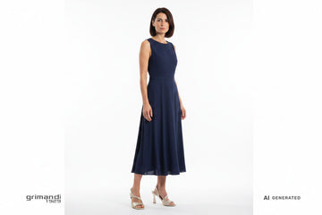 Sandali Melluso platino champagne abbinati ad abito midi viscosa blu notte evento serale sfondo bianco - AI-Generated Model