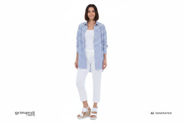 Sandali Melluso zeppa bianca pelle abbinati a pantalone cropped lino bianco e camicia oversize righe sfondo bianco - AI-Generated Model