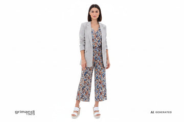Sandali Melluso zeppa bianca pelle abbinati a gonna pantalone fantasia geometrica e blazer destrutturato neutro sfondo bianco - AI-Generated Model