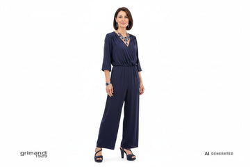 Sandali Melluso lurex blu notte con plateau e cinturino abbinati a jumpsuit viscosa scura e accessori gioiello per serata glamour - AI-Generated Model