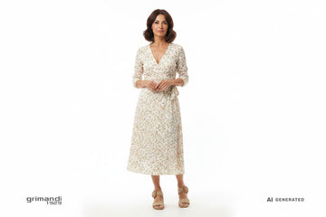 Melluso K35577 Beige Rafia - Abito Midi Portafoglio Viscosa Panna Floreale Aperitivo - AI-Generated Model