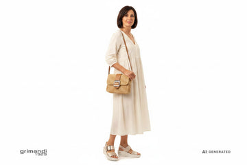 Melluso 019227Q Oro Platino - Abito Midi Cotone Avorio Borsa Rafia Bohemien Chic - AI-Generated Model