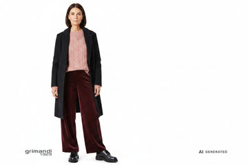 Outfit 2 Casual Chic – Maglione oversize trecce alpaca rosa antico con pantaloni palazzo velluto coste bordeaux merlot e cappotto monopetto nero