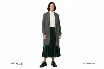 Outfit 1 Sobrietà Raffinata – Cardigan lungo costine grafite con dolcevita merino avorio e gonna midi scampanata velluto verde bosco