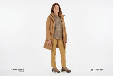 Scarpe Melluso donna indossate con trench cammello, camicia lana a microquadri cioccolato e sabbia e chino sabbia dorata. Outfit 2