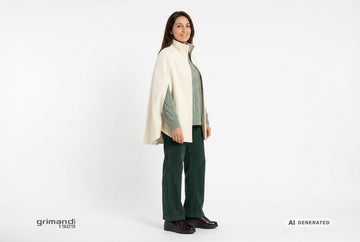 Stringate Melluso donna indossate con cappa lana cotta avorio, maglione alpaca salvia e pantaloni velluto verde bosco. Outfit 2