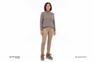 Melluso sneaker camoscio tortora greige logo M lacci animalier leopard zeppa beige sabbia Outfit quotidiano pantalone velluto coste beige dolcevita lana tortora - AI-Generated Model