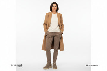 Melluso sneaker camoscio tortora greige logo M lacci animalier leopard zeppa beige sabbia Outfit sofisticato pantalone sigaretta tortora maglione lana girocollo avorio cappotto panno cammello - AI-Generated Model