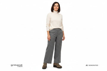 Melluso sneaker alta nabuk kaki militare zip oro suola nera Outfit rilassato pantalone flanella grigio maglione collo alto lana panna - AI-Generated Model