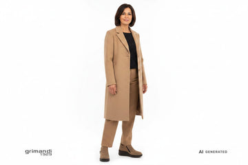 Melluso slip-on camoscio beige tortora zeppa interna zip dorata Outfit giorno invernale pantalone lana cammello cappotto lungo panno - AI-Generated Model