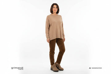 Melluso slip-on camoscio beige tortora zeppa interna zip dorata Outfit tempo libero pantalone velluto coste marrone maglione oversize cashmere tono su tono - AI-Generated Model