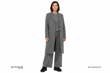 Melluso sneaker mid-cut camoscio blu notte zeppa interna zip argento Outfit formale pantalone palazzo lana grigio melange cappotto sartoriale - AI-Generated Model