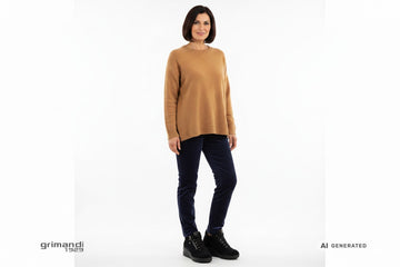 Melluso sneaker mid-cut camoscio blu notte zeppa interna zip argento Outfit casual pantalone velluto coste blu navy maglione oversize cashmere cammello - AI-Generated Model