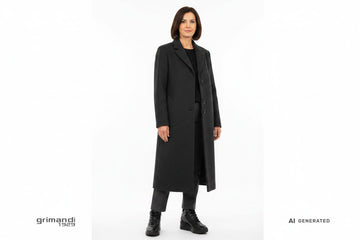 Melluso sneaker pelle nappa nera mid-cut zip argento zeppa interna Outfit giorno pantalone sigaretta lana scura cappotto lungo panno - AI-Generated Model