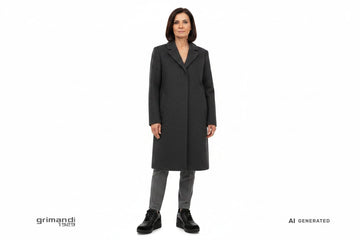 Melluso sneaker pelle nappa nera camoscio velluto nero zeppa interna zip argento Outfit ufficio pantalone sigaretta flanella grigia cappotto lungo lana - AI-Generated Model