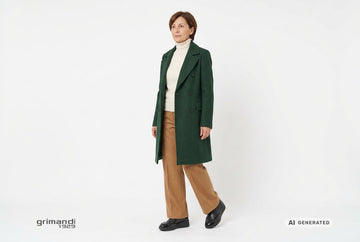 Slip-on Melluso donna indossate con cappotto verde bosco, dolcevita panna e pantaloni ampi in flanella cuoio. Outfit 1