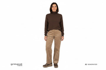 Melluso sneaker pelle laminata bronzo ramato camoscio tortora zeppa beige Outfit casual pantalone velluto coste sabbia dolcevita marrone scuro - AI-Generated Model