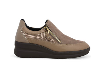 Melluso Slip-on Donna Beige Pelle/Camoscio con Zeppa, Zip e Strass R25657Z-254551