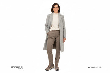 Melluso sneaker nabuk tortora zip oro suola EVA pantalone bouclé tortora maglione cashmere panna cappotto tweed grigio inverno - AI-Generated Model