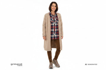 Melluso sneaker nabuk tortora zip oro suola EVA leggings velluto marrone camicia flanella scozzese cardigan lana beige viaggio - AI-Generated Model