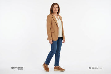 Sneaker Melluso donna indossate con giacca lana cammello, blusa fluida panna e jeans sartoriali dritti indaco. Outfit 1