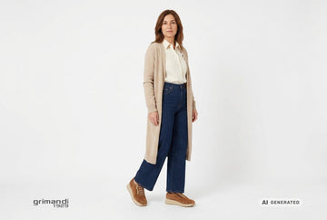 Sneaker Melluso donna indossate con cardigan cashmere sabbia, camicia twill crema e jeans ampi a vita alta blu notte. Outfit 2