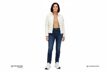 Outfit 1 – Giacca imbottita avorio con dolcevita cammello e jeans blu scuro vita alta
