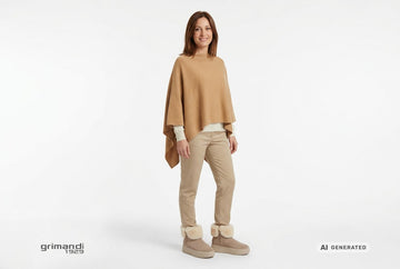 Stivaletti Melluso donna indossati con poncho lana miele, maglia merinos avorio e pantaloni gabardina sabbia. Outfit 1