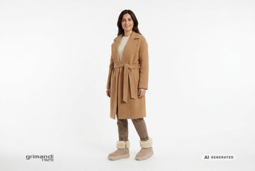 Stivaletti Melluso donna indossati con cappotto bouclé cammello, maglia merinos panna e pantaloni flanella moka. Outfit 2