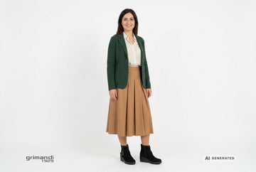 Stivaletti Melluso donna indossati con blazer lana verde bosco, camicia avorio microstampata e gonna plissé cuoio. Outfit 2