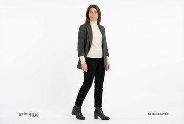 Stivaletti Melluso donna indossati con giaccone lana spigata antracite, dolcevita panna e pantaloni velluto nero. Outfit 1