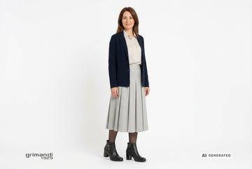 Stivaletti Melluso donna indossati con blazer lana blu notte, camicia viscosa panna a microstampa e gonna midi grigio perla. Outfit 2