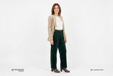 Stivaletti Melluso donna indossati con blazer velluto corda, blusa satin avorio e pantaloni palazzo velluto verde bosco. Outfit 2