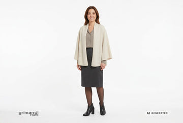Stivaletti Melluso donna indossati con mantella cashmere panna, sottogiacca greige e gonna al ginocchio lana grafite. Outfit 1