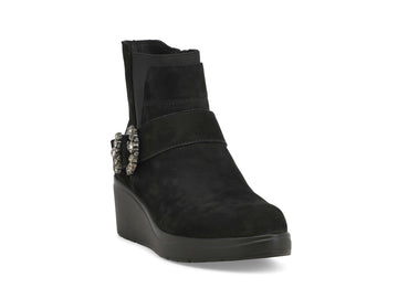Melluso Black Suede Comfort Ankle Boot with Wedge Heel and Jewel Buckle