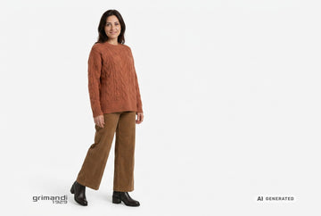 Stivaletti Melluso donna indossati con maglione a trecce in misto alpaca terracotta e pantaloni palazzo velluto nocciola. Outfit 2