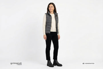 Stivaletti Melluso donna indossati con gilet trapuntato grafite, maglia lana e cashmere panna e pantaloni velluto nero. Outfit 1