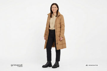 Stivaletti Melluso donna indossati con trench cammello, camicia lana a microquadri crema e sabbia dorata e chino neri. Outfit 2