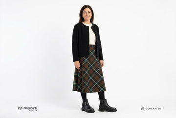 Stivaletti Melluso donna indossati con giacca lana cotta nera, maglia avorio e gonna tartan marrone e verde bosco. Outfit 2