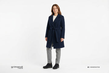 Stivaletti Melluso donna indossati con cappotto bouclé blu notte, maglia merino seta panna e pantaloni flanella perla. Outfit 2