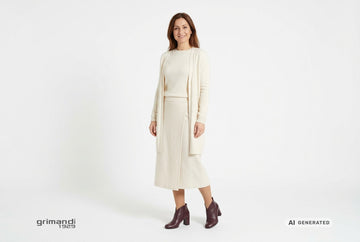 Stivaletti Melluso donna indossati con cardigan e maglia jersey lana crema e gonna midi a portafoglio coordinata. Outfit 1