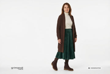 Stivaletti Melluso donna indossati con cardigan a coste cioccolato, dolcevita merino panna e gonna midi velluto verde pino. Outfit 1
