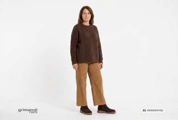 Stivaletti Melluso donna indossati con maglione oversize a trecce in misto alpaca marrone e pantaloni palazzo velluto cammello. Outfit 2