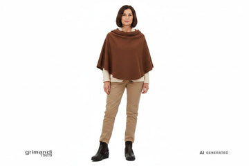 Outfit 1 – Poncho nocciola con sottogiacca merinos panna e pantaloni sigaretta sabbia