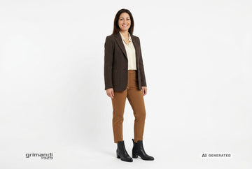 Stivaletti Melluso donna indossati con blazer tweed cioccolato, blusa viscosa e seta vaniglia e pantaloni sigaretta nocciola. Outfit 1