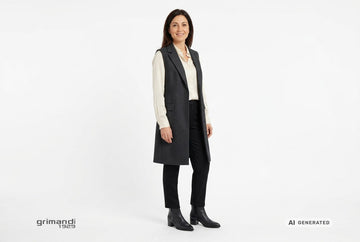 Stivaletti Melluso donna indossati con gilet lungo lana antracite, camicia seta panna e pantaloni dritti flanella nera. Outfit 2