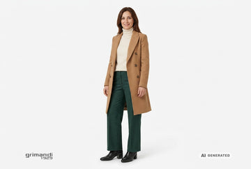 Stivaletti Melluso donna indossati con cappotto cuoio, dolcevita cashmere panna e pantaloni ampi flanella verde bosco. Outfit 1