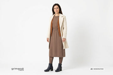 Stivaletti Melluso donna indossati con abito midi in lana moka, cardigan cognac e cappotto panna. Outfit 1