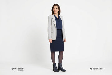 Stivaletti Melluso donna indossati con blusa cady blu notte, gonna tubino crepe blu scuro e blazer grigio perla. Outfit 2